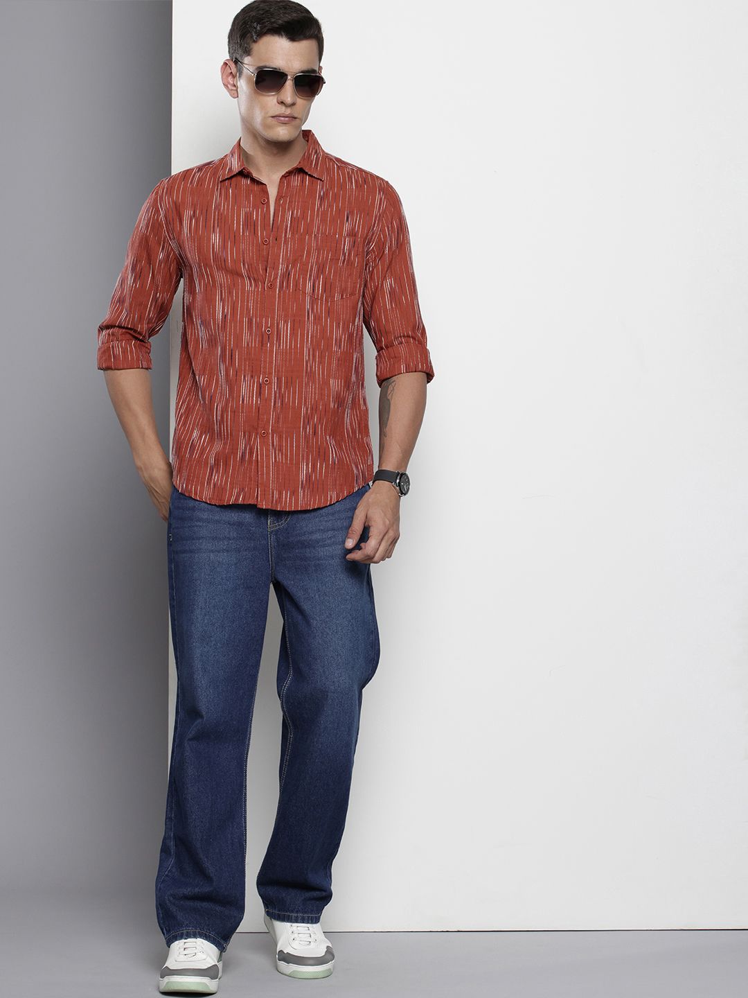 The Indian Garage Co Slim Fit Opaque Self Striped Casual Shirt