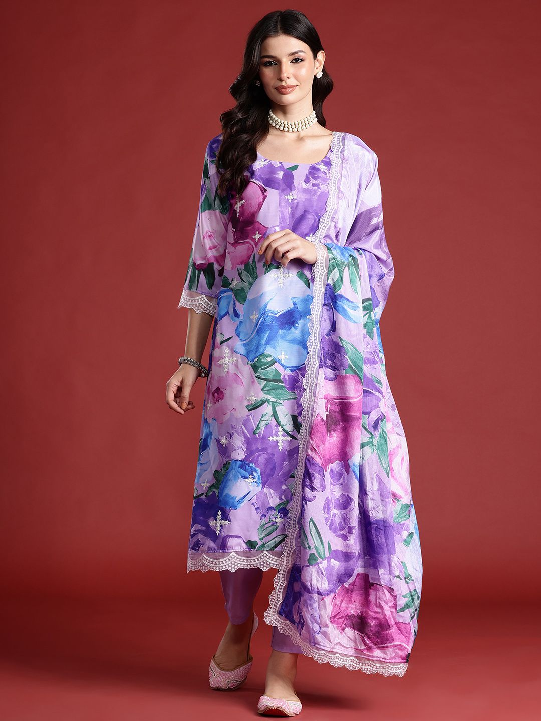 Indo Era Floral Printed Thread Work Kurta with Trousers & Dupatta