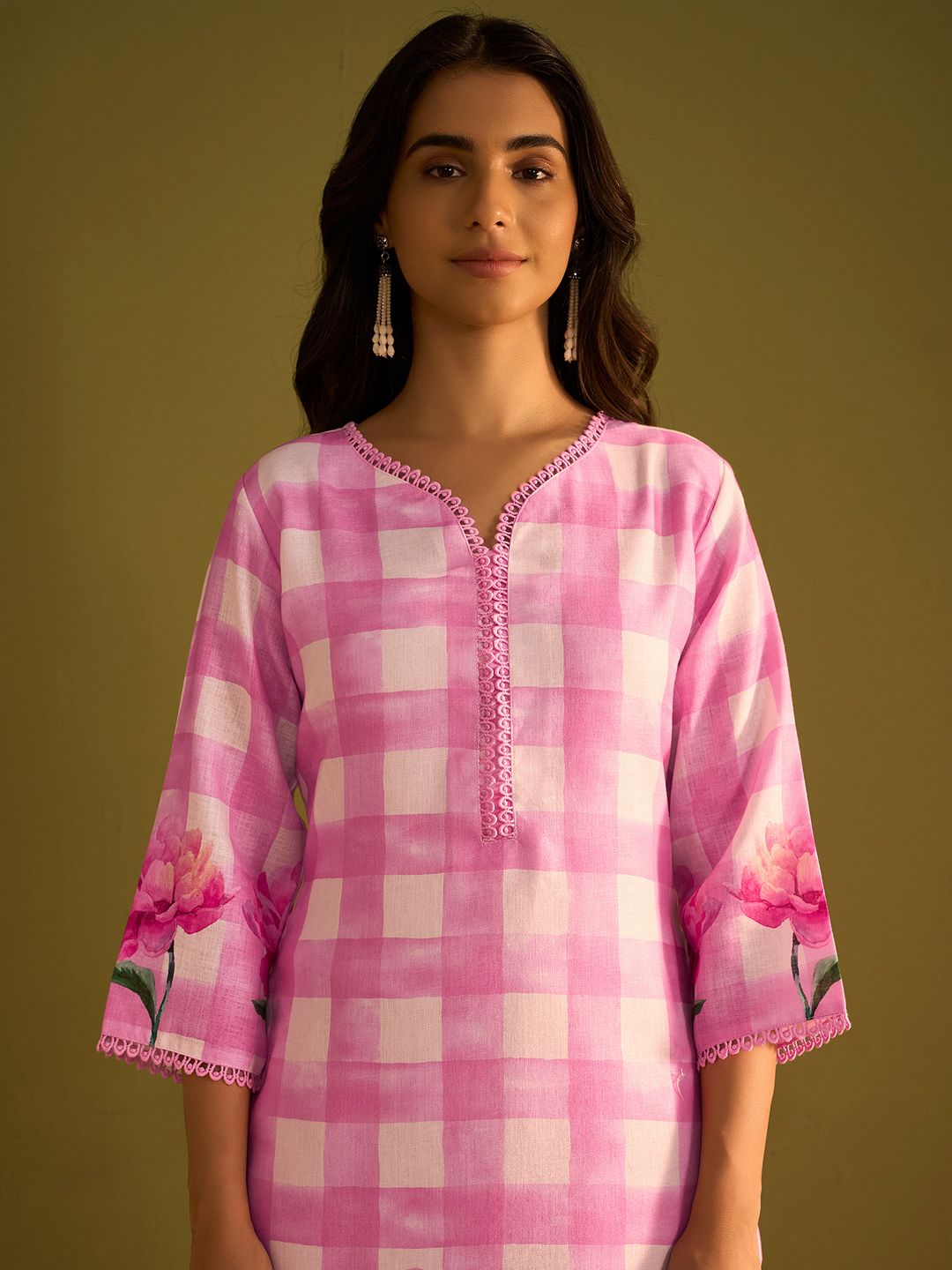 Indo Era Floral Printed Sweetheart Neck Stone Work Linen Kurta With Trouser & Dupattta