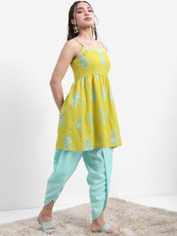 Vishudh Lime Green Floral Printed Empire A-line Kurta With Dhoti Pants & Dupatta