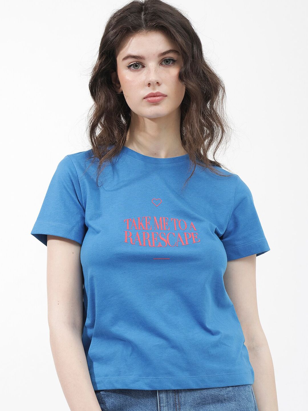 RAREISM Round Neck Short Sleeves Typographic Printed Regular Fit Cotton T-shirt