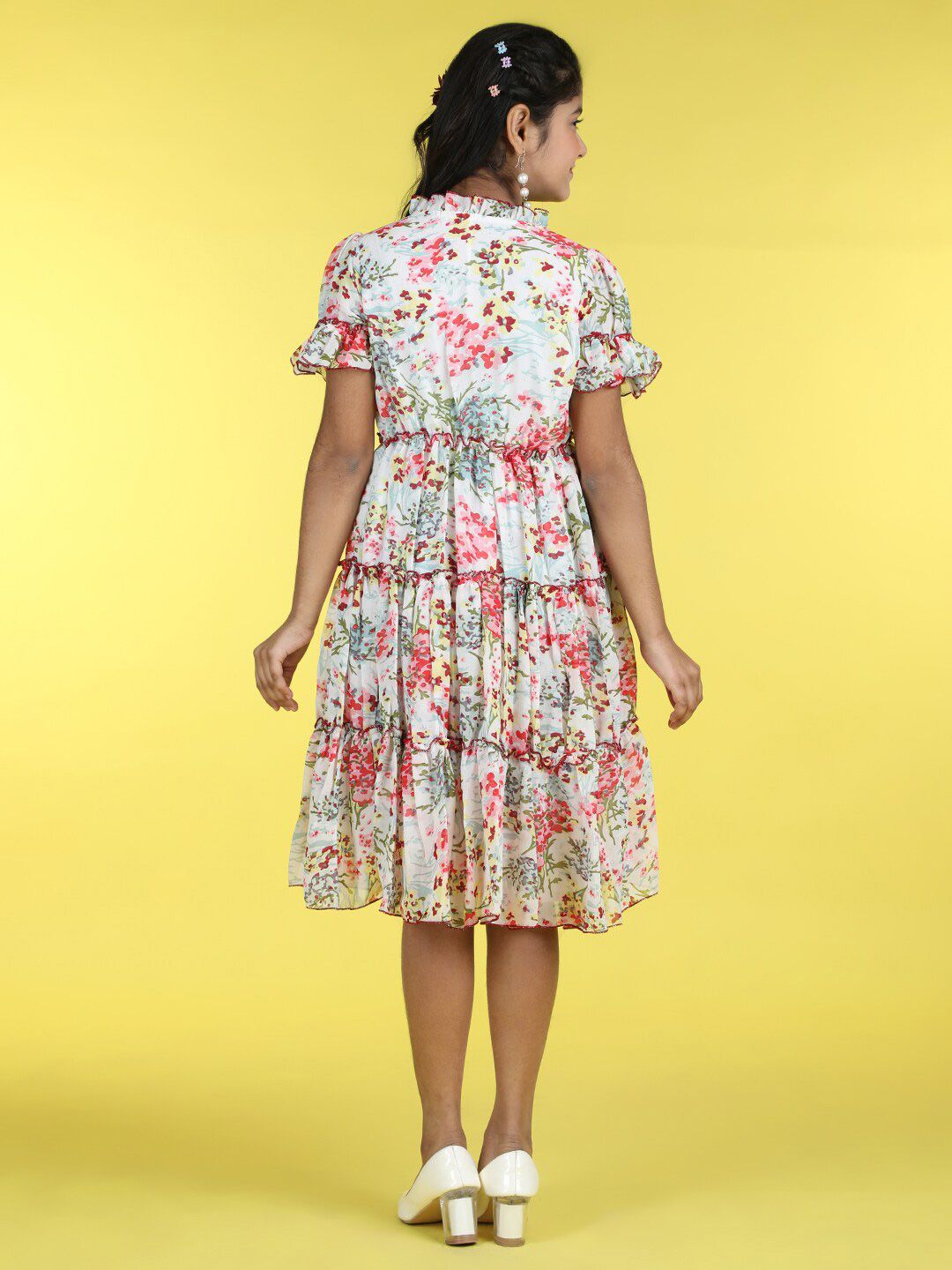 Cutiekins Girls Floral Print Ti Up Neck Georgette Fit & Flare Dress
