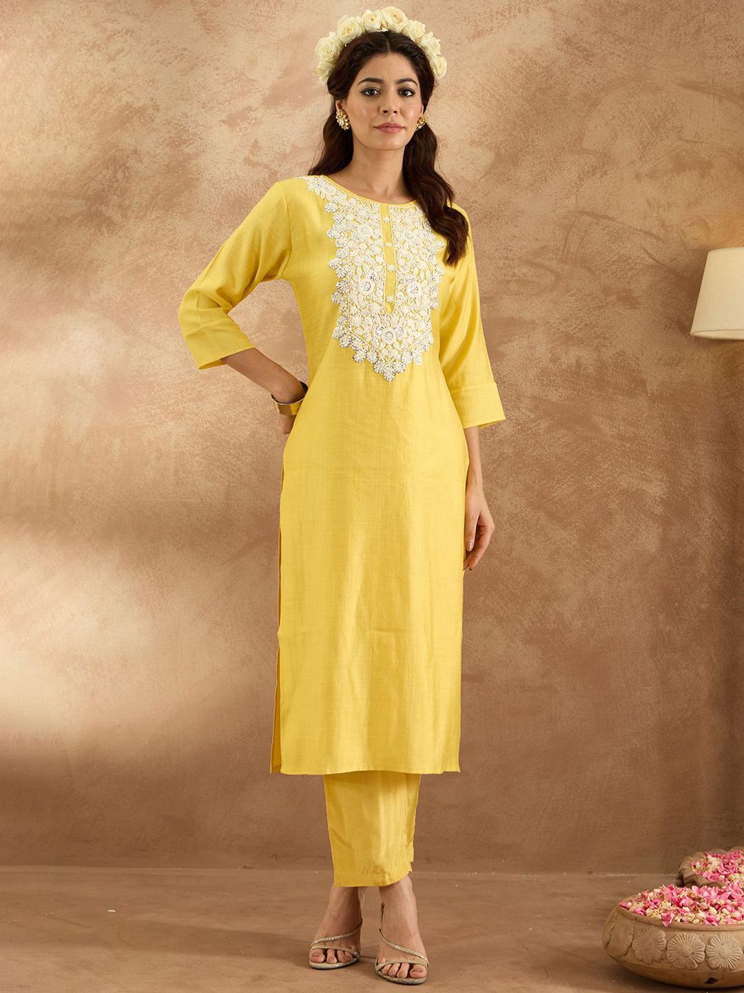 Indo Era Women Ethnic Motifs Embroidered Regular Thread Work Kurta with Trousers
