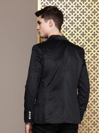 House of Pataudi Red Carpet Line Striped Shawl Collar Single-Breasted Velvet Finish Blazer