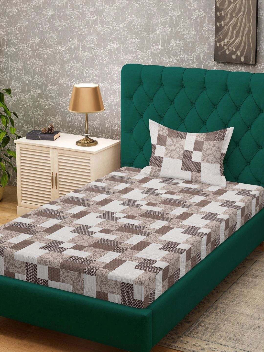 Myntra Elegant Homes Brown Geometric 400 TC Single Bedsheet with 1 Pillow Covers
