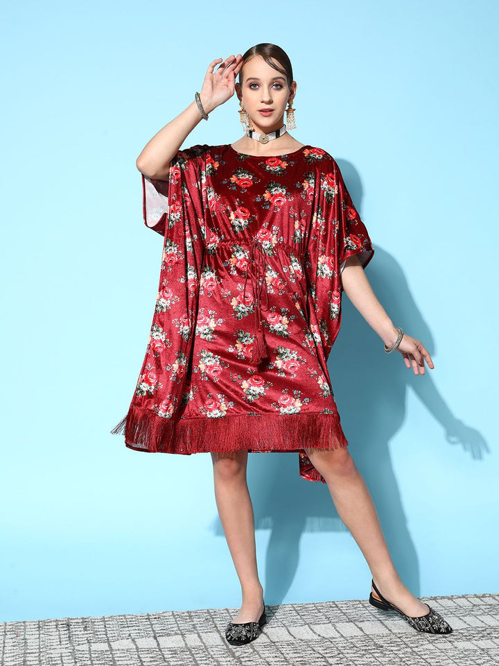 Shae by SASSAFRAS Maroon & Olive Green Floral Print Velvet Ethnic Kaftan Dress