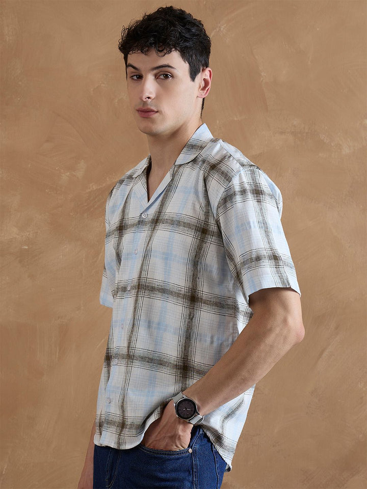 DENNISON Men White and Light Blue Checked Shirt