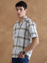DENNISON Men White and Light Blue Checked Shirt