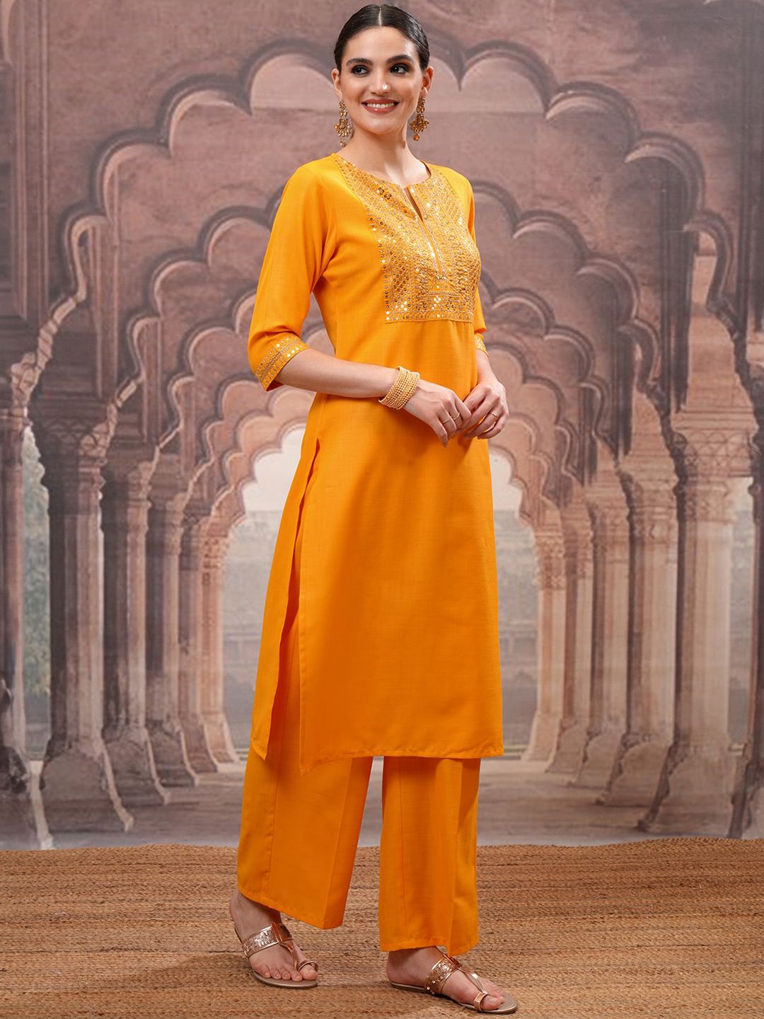 Vishudh Yellow Floral Embroidered Mirror Work Straight Kurta with Palazzo & Dupatta