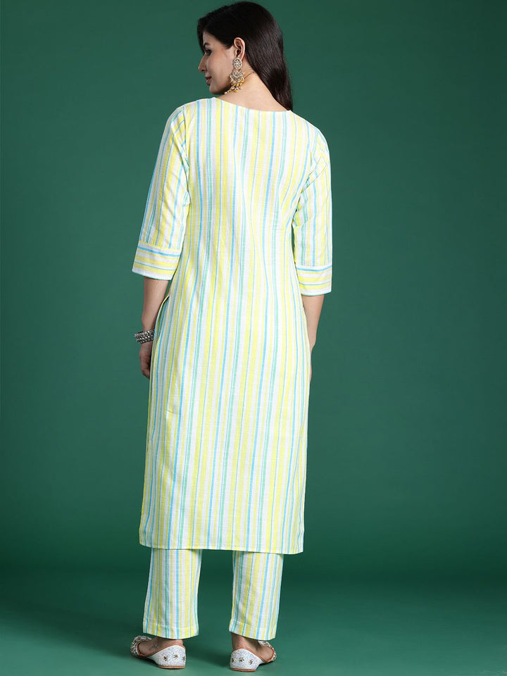 Indo Era Women Striped Regular Thread Work Pure Cotton Kurta with Trousers