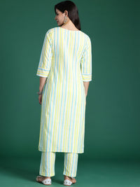Indo Era Women Striped Regular Thread Work Pure Cotton Kurta with Trousers
