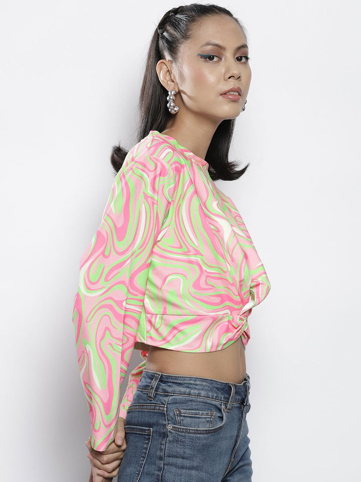 SASSAFRAS Women Red Printed Knot Crop Sweatshirt
