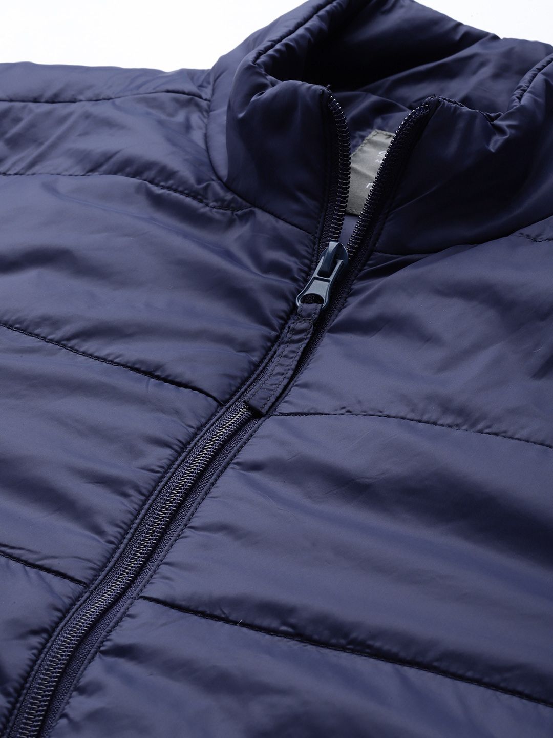 ether Men Navy Blue Solid Padded Jacket