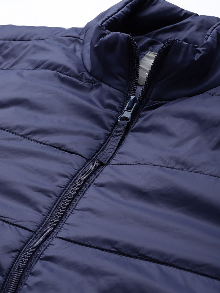 ether Men Navy Blue Solid Padded Jacket