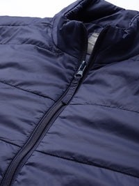 ether Men Navy Blue Solid Padded Jacket