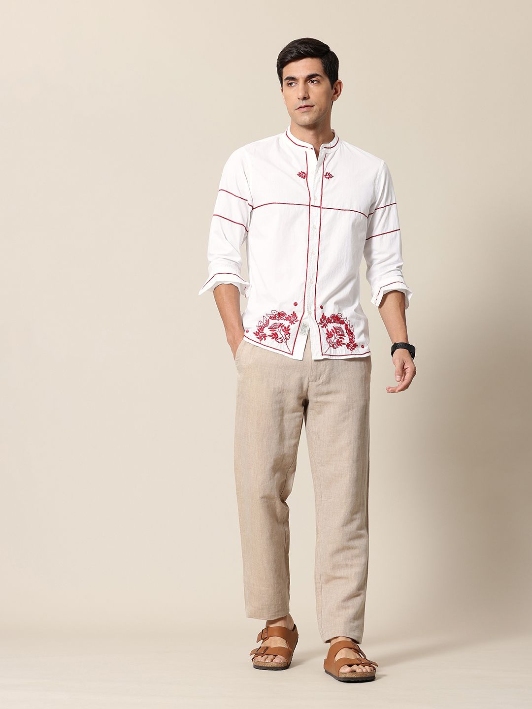 Mr Bowerbird Pure Cotton Floral Embroidered Tailored Fit Opaque Casual Shirt