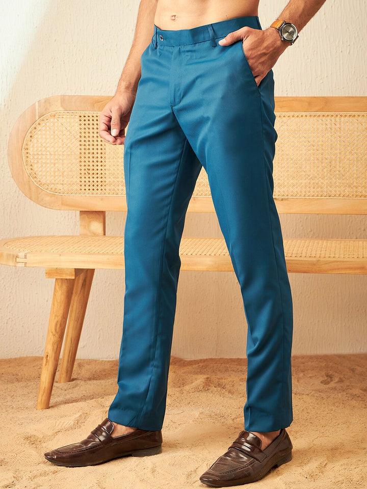 DENNISON Men Blue Smart Tapered Fit Easy Wash Cotton Trousers