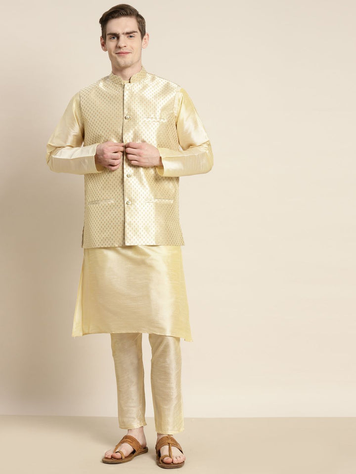 SOJANYA Men Solid Kurta with Churidar & Woven Design Nehru Jacket