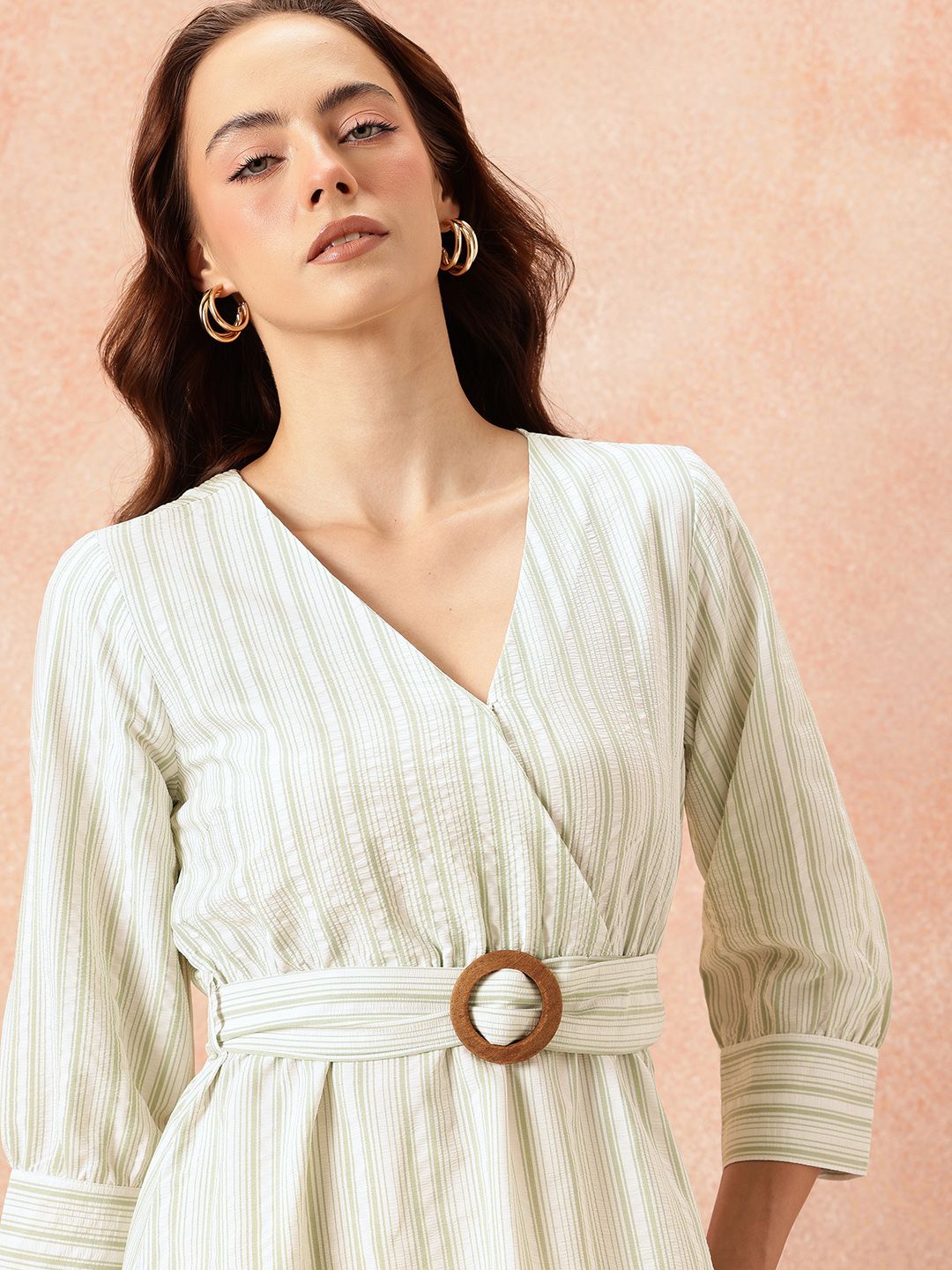 all about you Vertically Striped Seersucker Wrap-Style Midi A-Line Dress with Belt