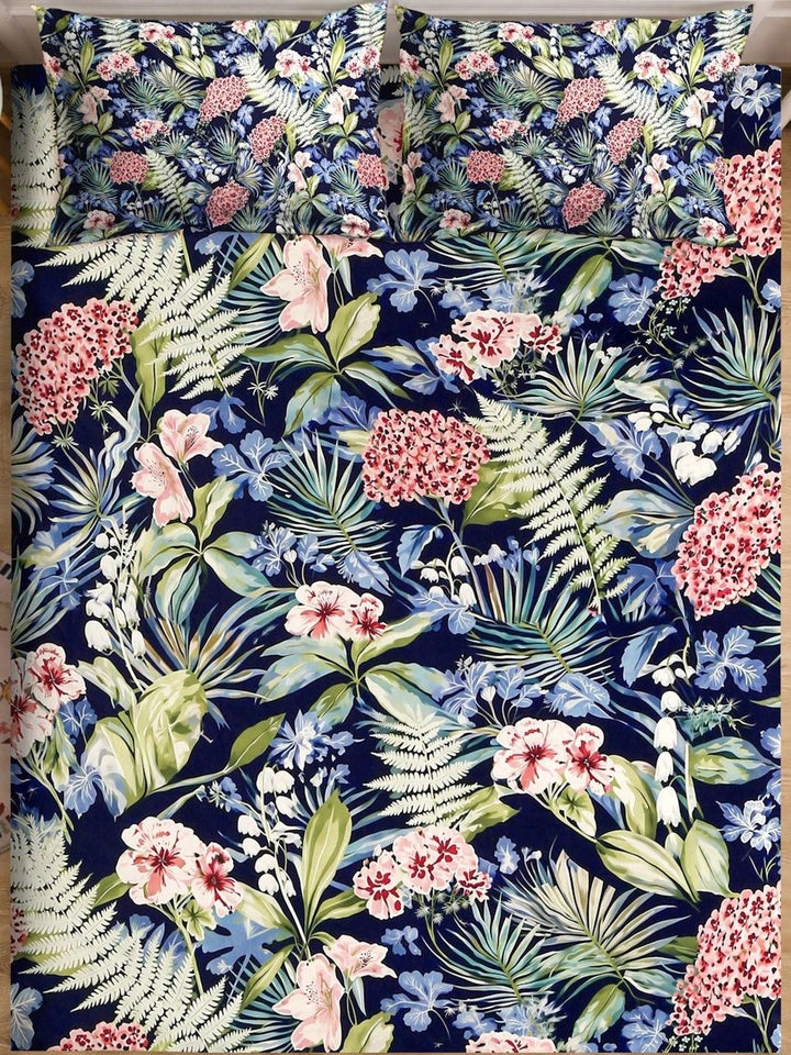 Moda Rapido X KLOTTHE Blue & Red Floral 400 TC King Bedsheet with 2 Pillow Covers