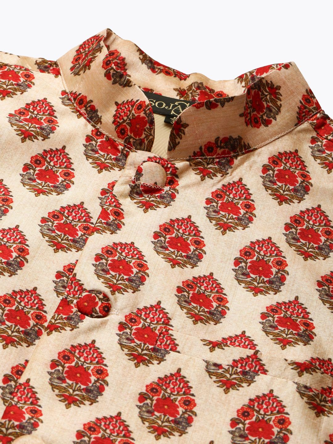 SOJANYA Kurta Berwarna Krim & Merah Lelaki dengan Jaket Churidar & Nehru