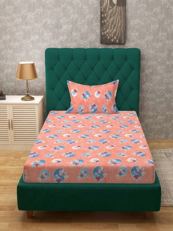Myntra Elegant Homes Orange Cartoon Characters 400 TC Single Bedsheet with 1 Pillow Covers