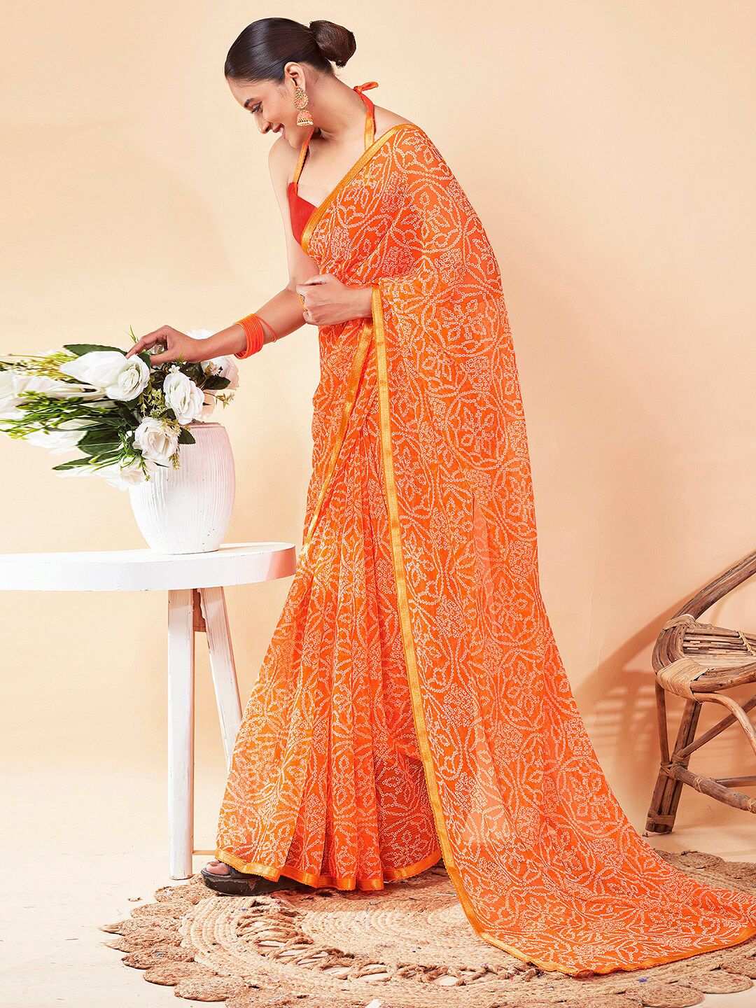 KALINI Bandhani Zari Pure Chiffon Bandhani Saree