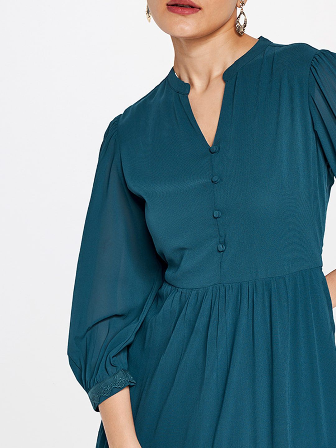 AND Mandarin Collar Puff Sleeves Maxi Fit and Flare Dress