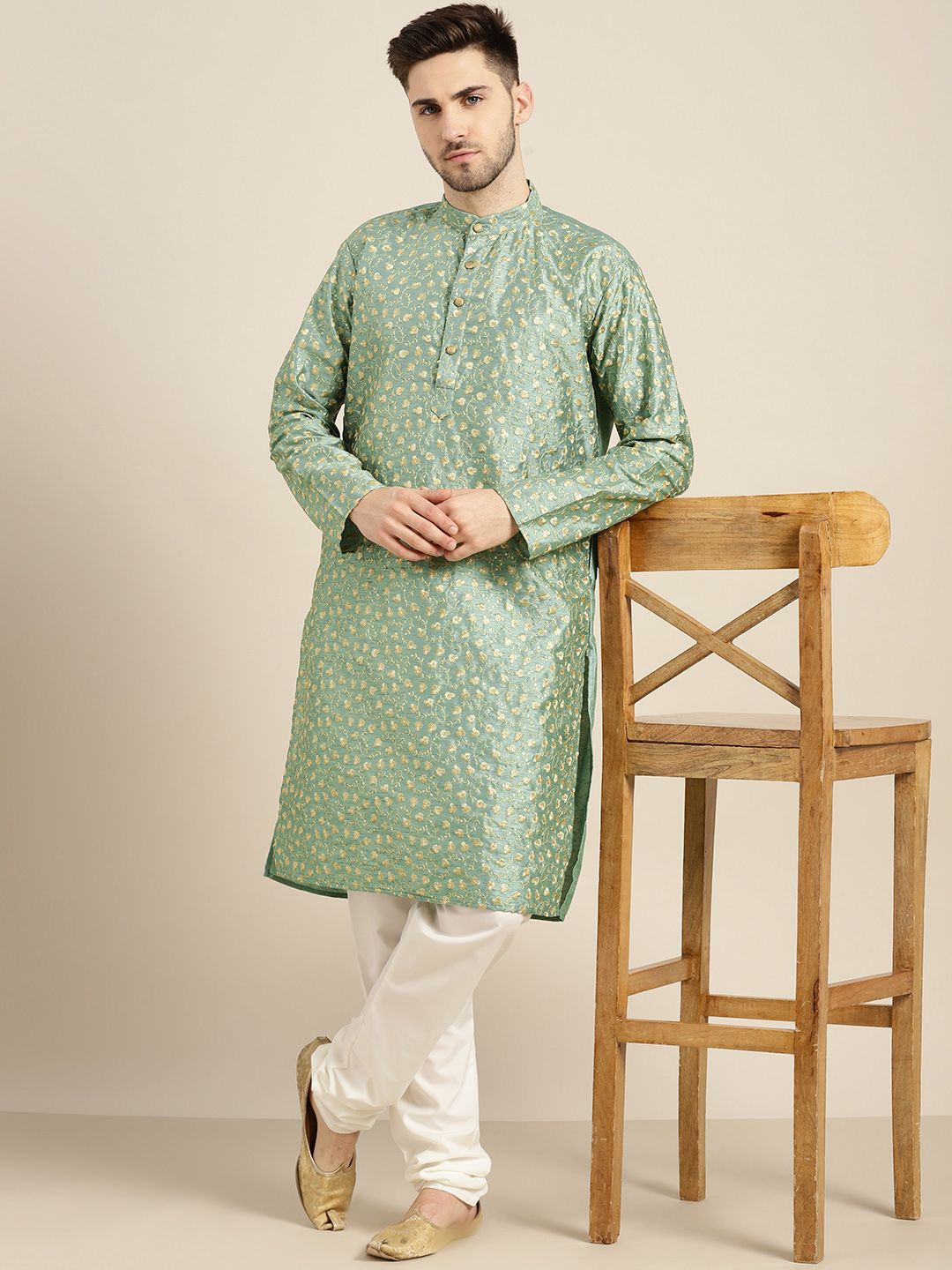 SOJANYA Kurta Bunga Berwarna Hijau & Emas Lelaki