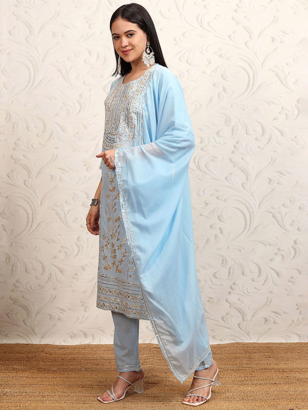 Vishudh Blue Embroidered Gotta Patti Pure Cotton Straight Kurta With Trousers & Dupatta