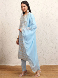 Vishudh Blue Embroidered Gotta Patti Pure Cotton Straight Kurta With Trousers & Dupatta