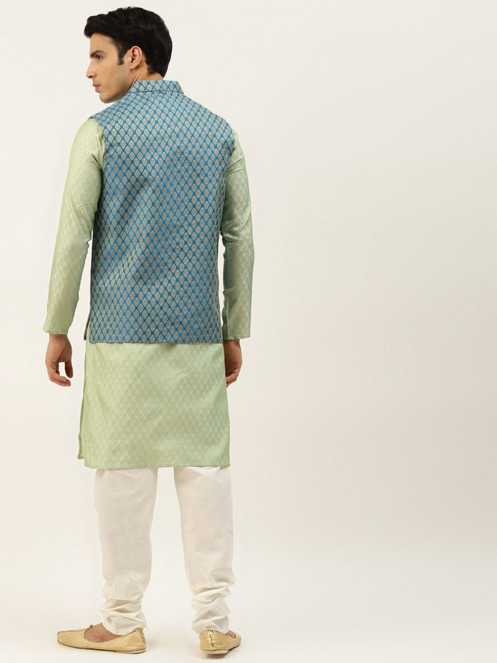 SOJANYA Men Blue & Green Jacquard Ethnic Motifs Straight Kurta with Churidar