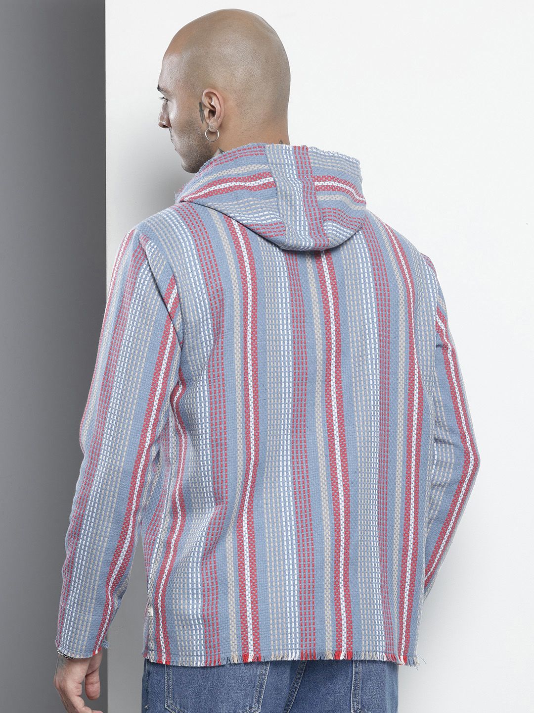 The Indian Garage Co Self Striped Hooded Pure Cotton Sweatshirt