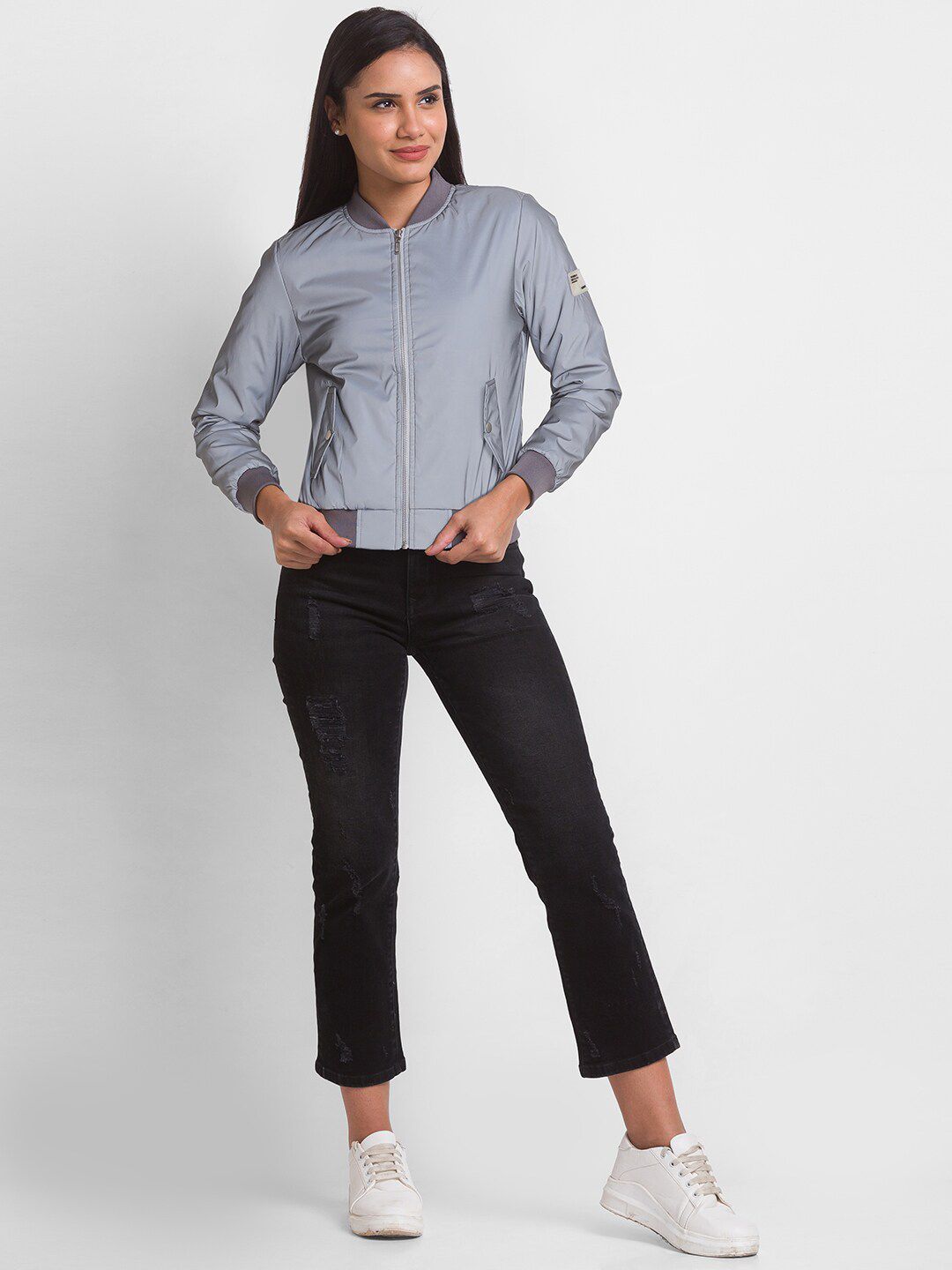 SPYKAR Women Silver-Toned Casual Bomber Jacket