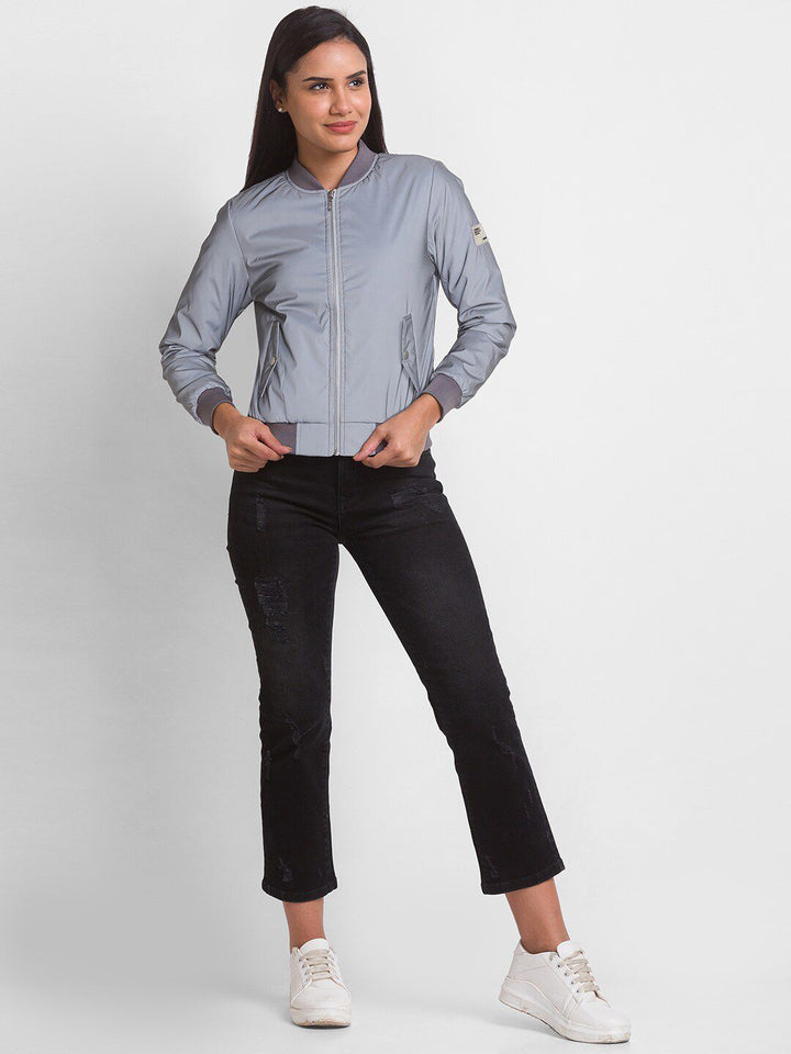 SPYKAR Women Silver-Toned Casual Bomber Jacket