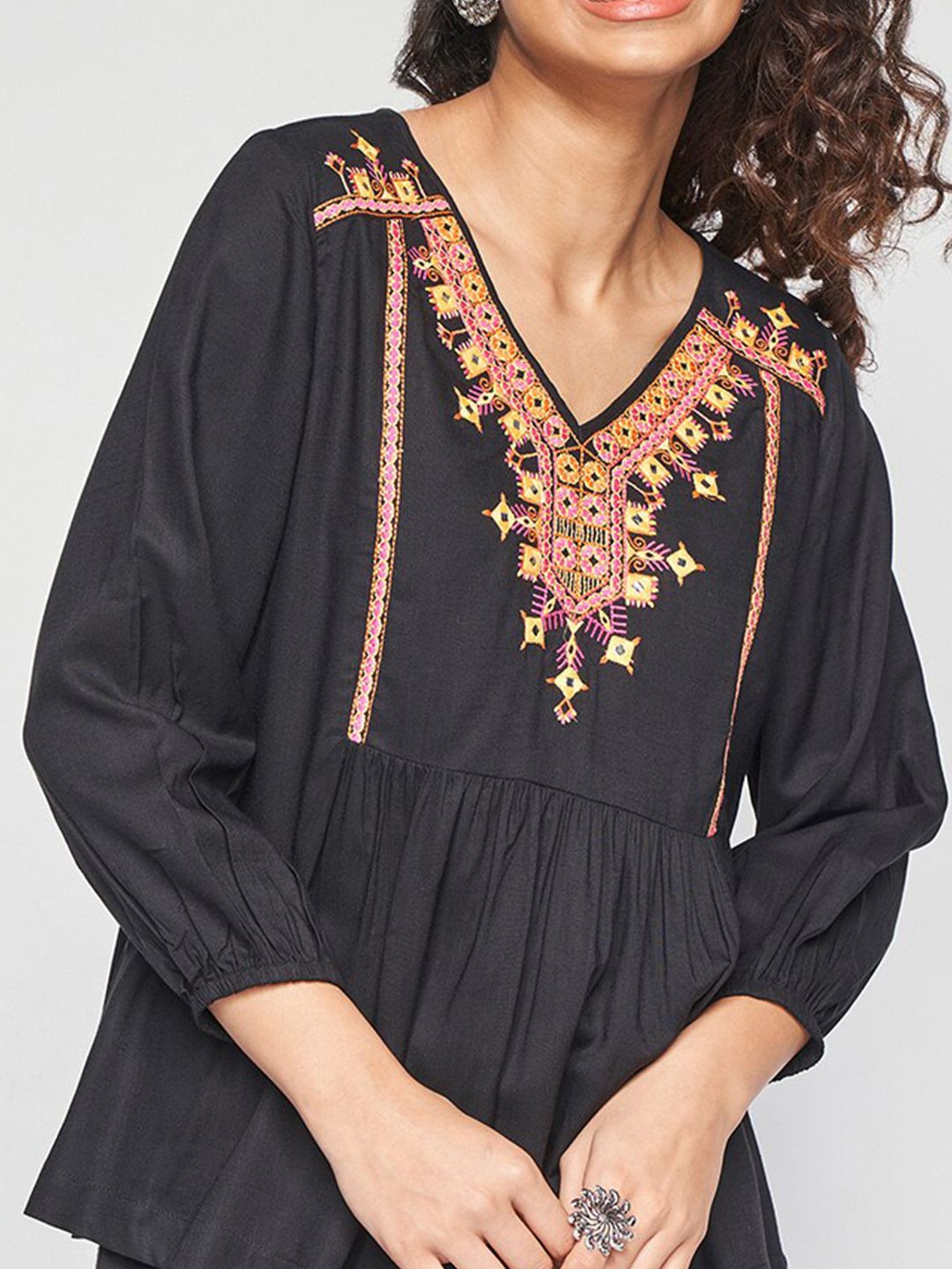 Global Desi Floral Embroidered A-Line Top