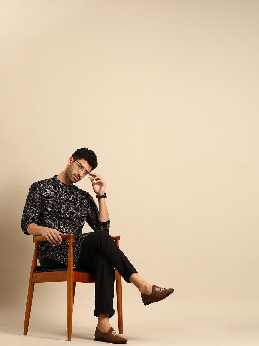 Anouk Men Black Printed Regular Pure Cotton Kurta with Pyjamas