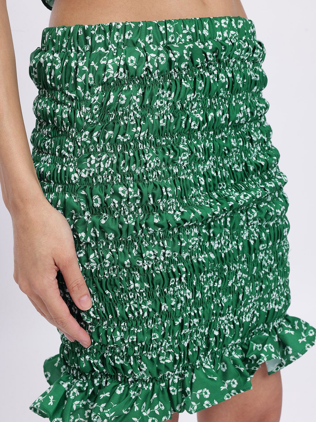 DressBerry Floral Print Smocked Ruffled Detail Cinched Waist Top with Peplum Skirt