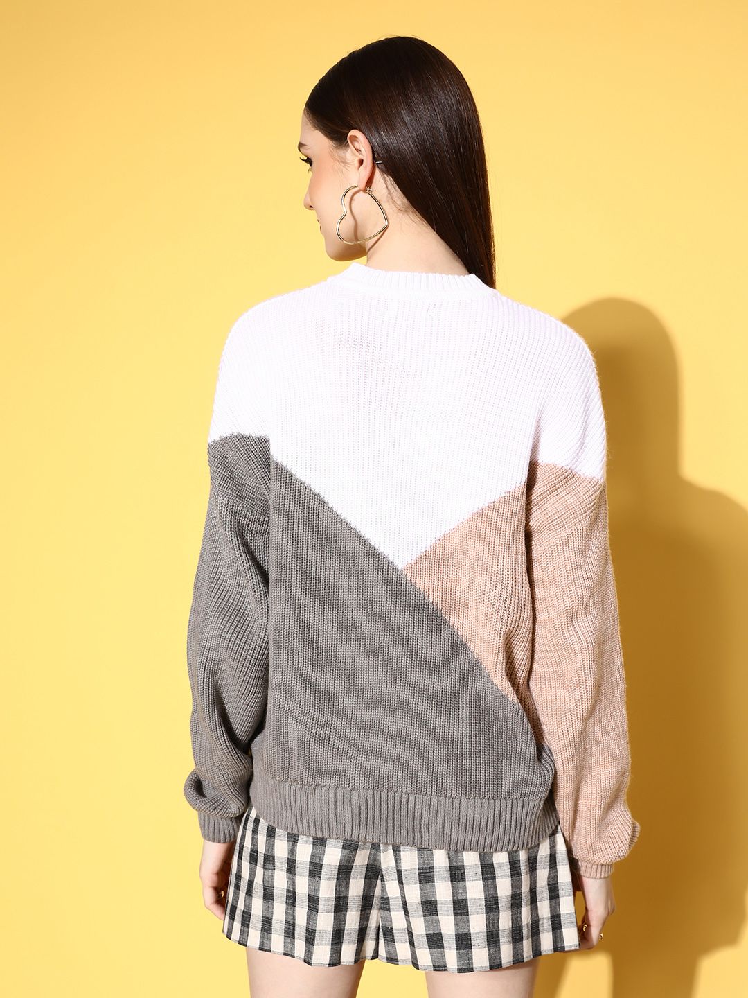 Berrylush Women White Colourblocked Block & Patch Sweater
