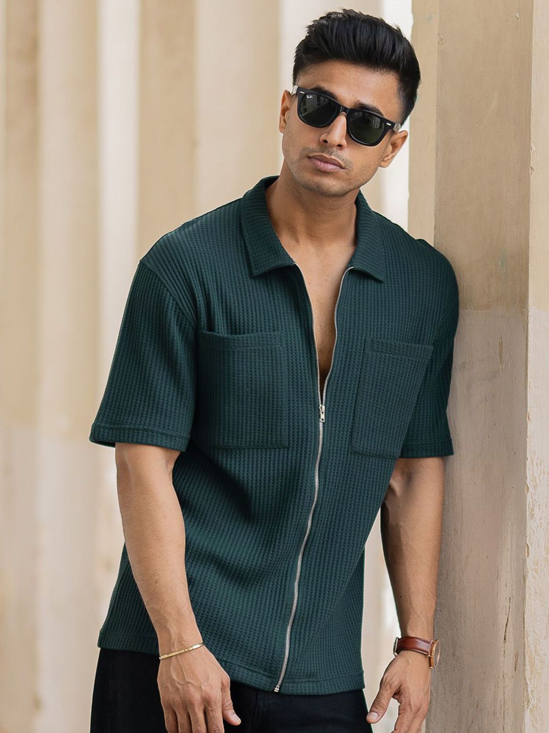 Powerlook Men Oversized Fit Spread Collar Textured Cotton Casual Shirt