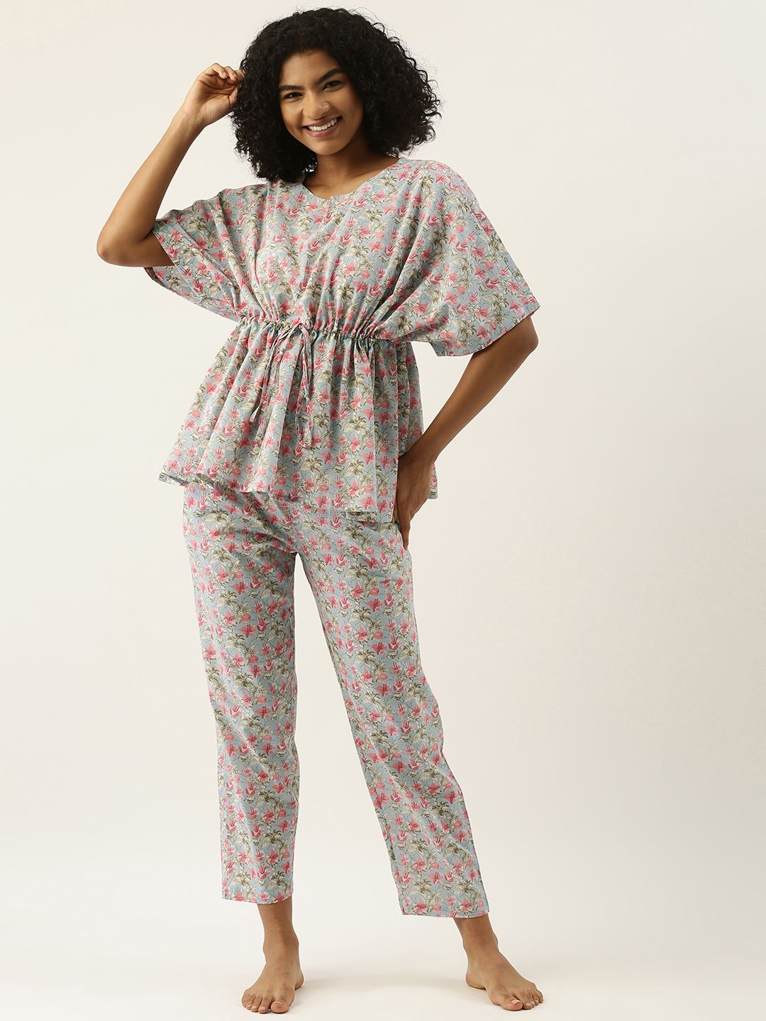 Sanskrutihomes Wanita Set Pajama Kapas Biru & Pink Printed
