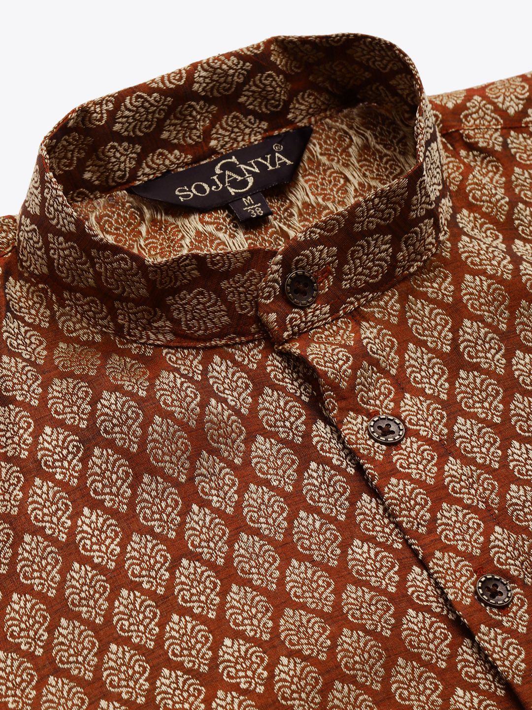 SOJANYA Men Maroon & Beige Woven Design Kurta with Churidar & Nehru Jacket