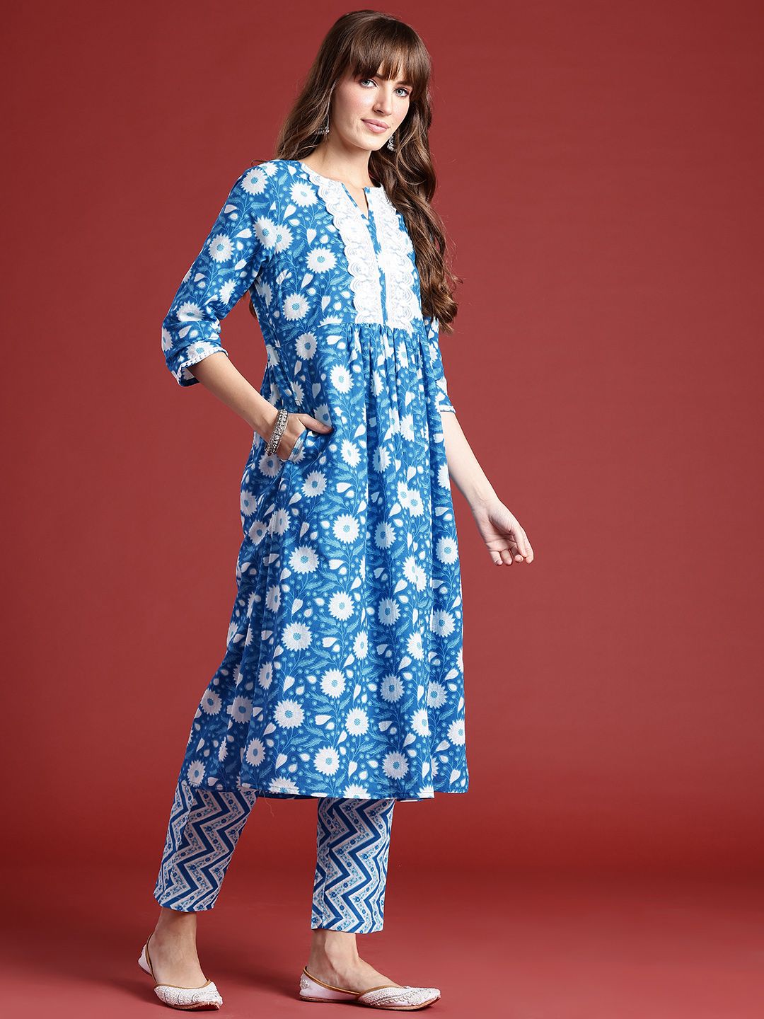Anouk Floral Print Pleated Thread Work Kurta with Trousers & Dupatta