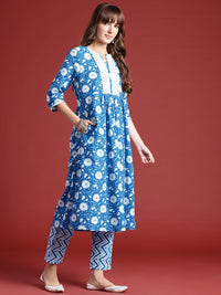 Anouk Floral Print Pleated Thread Work Kurta with Trousers & Dupatta