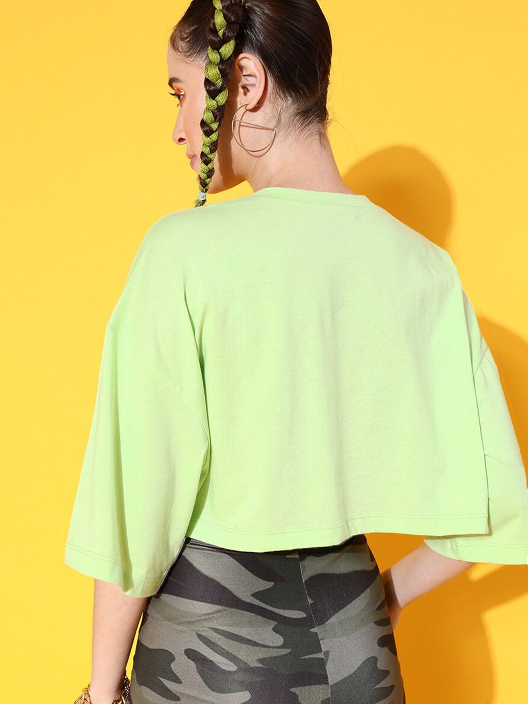 STREET 9 Women Green Printed Cotton Drop-Shoulder Sleeves Boxy T-shirt