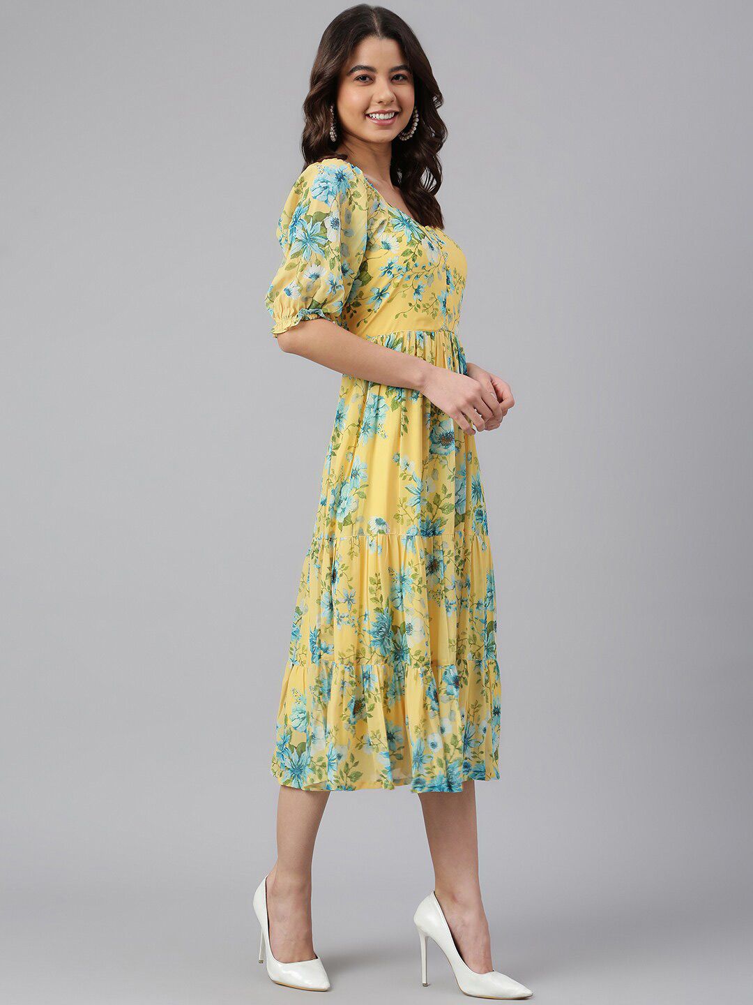 Janasya Women Yellow Georgette Floral Printed Flared Dress