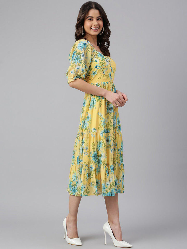 Janasya Women Yellow Georgette Floral Printed Flared Dress