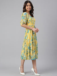 Janasya Women Yellow Georgette Floral Printed Flared Dress