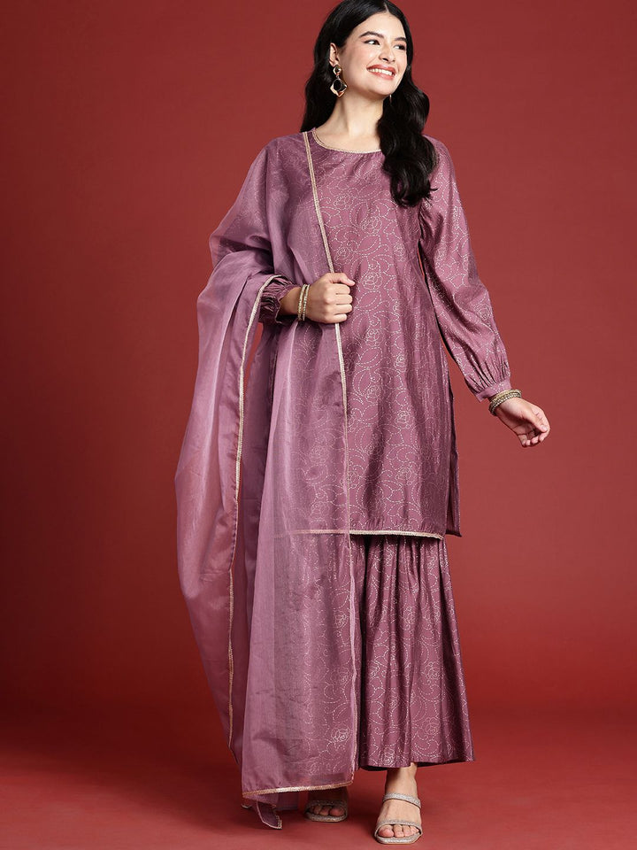 all about you Floral Printed Straight Kurta With Sharara & Dupatta