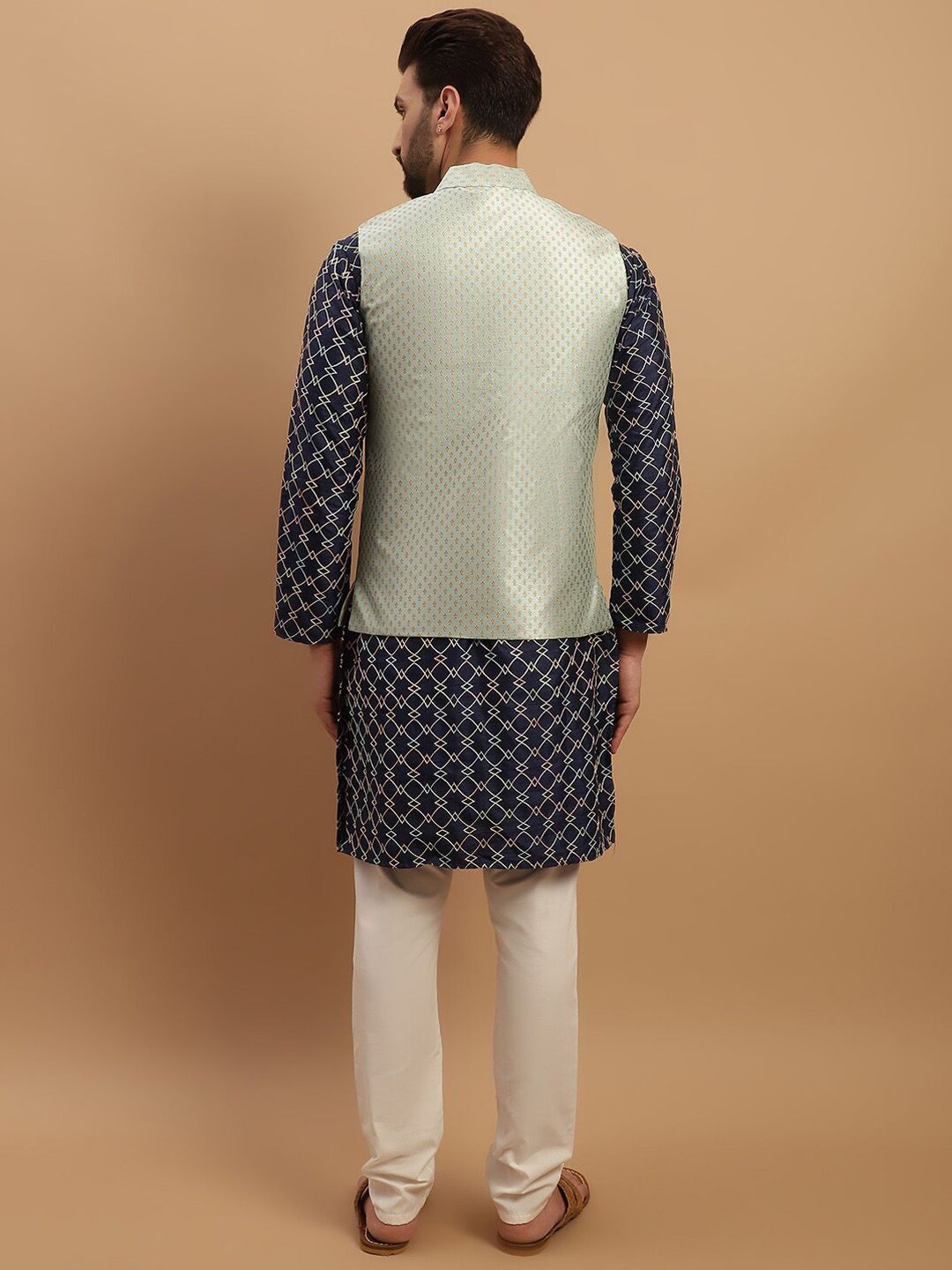 SOJANYA Geometric Embroidered Regular Kurta with Churidar & Woven Design Nehru Jacket